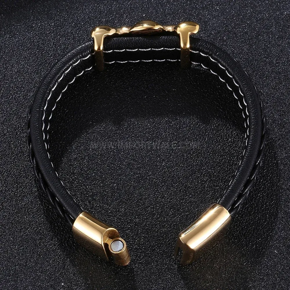 Braided Leather Gold Tone Stainless Steel Men's Cuff Bracelet