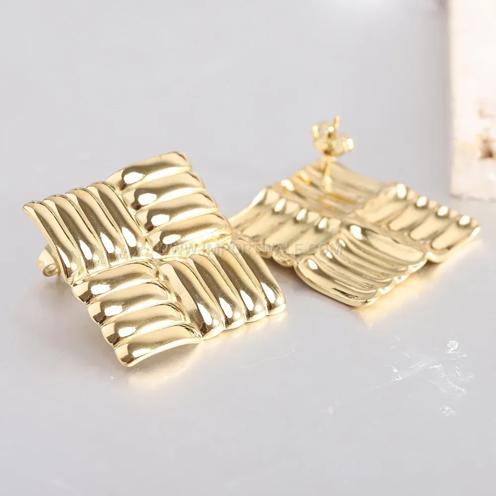 Textured Geometric Grid Stainless Steel Stud Earrings
