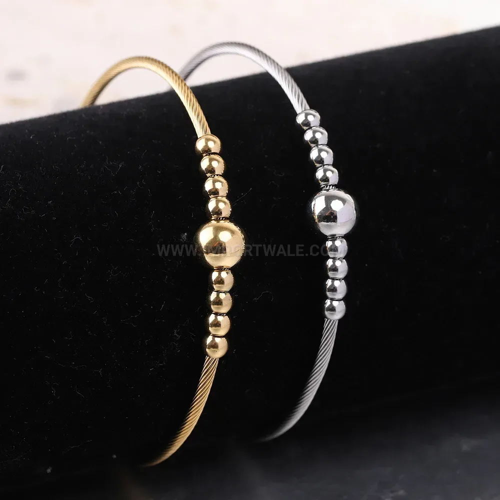 Chic Flexible Stainless Steel Cable Bangle With Symmetrical Round Bead Accents