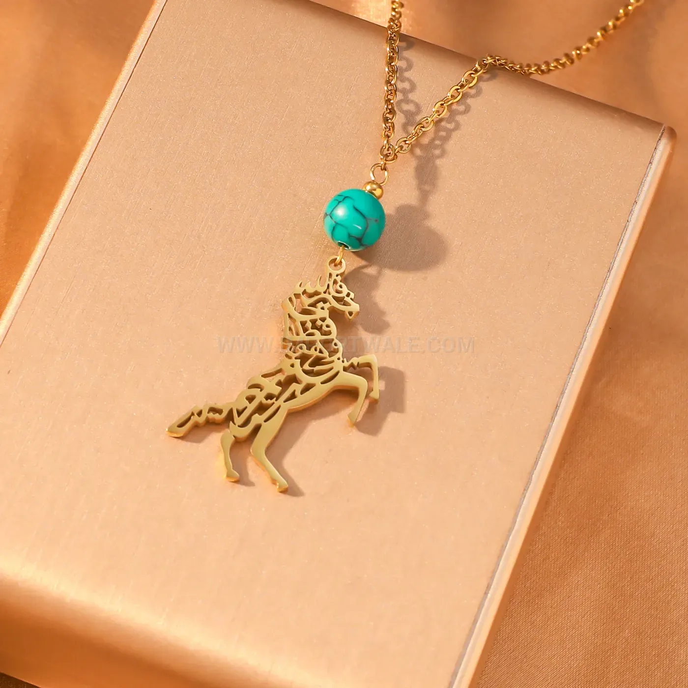 Stainless Steel Horse Calligraphy Pendant Necklace with Turquoise Bead
