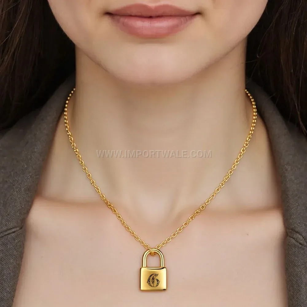 Engraved Initial Lock Stainless Steel Pendant Necklace