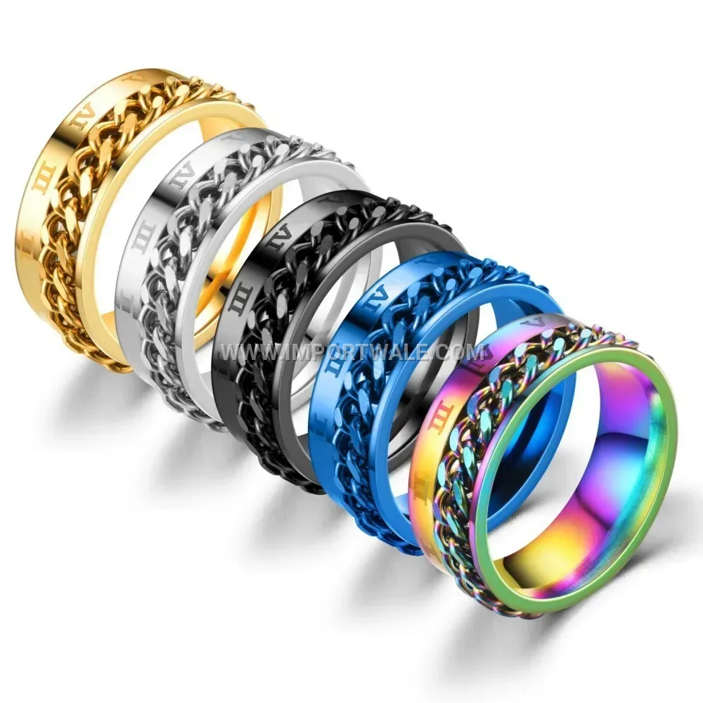 Stainless Steel Rotatable Roman Numeral Chain Spinner Ring
