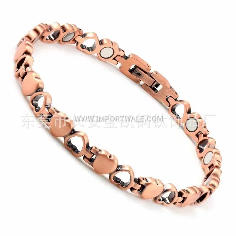 Polished Red Copper Double Heart Link Bio Magnetic Bracelet