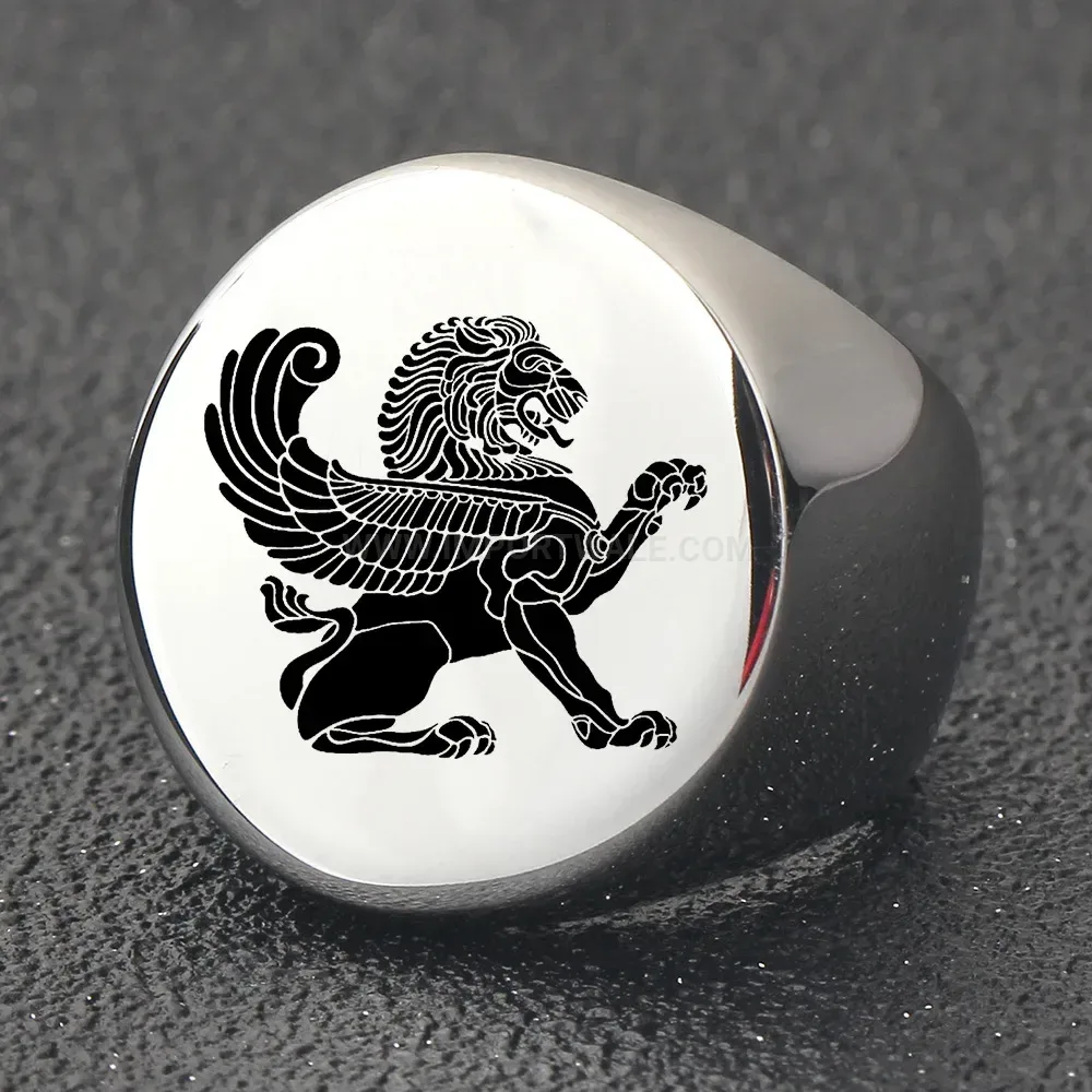 Designer Engraved Griffin Crest Stainless Steel Signet Ring