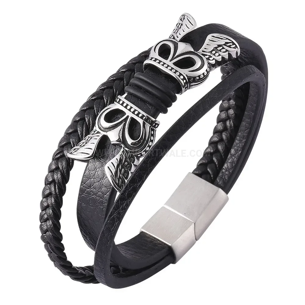 Multi Strand Braided Black Leather Stainless Steel Men's Bracelet