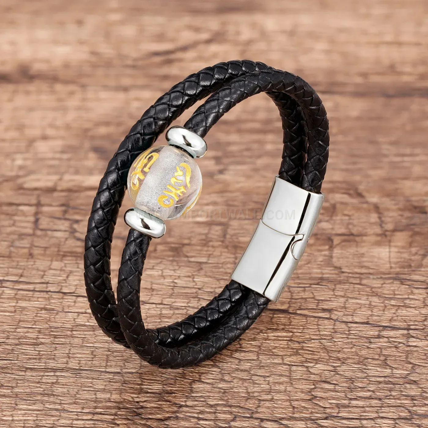 Double-Strand Braided Leather Natural Stone Magnetic Bracelet