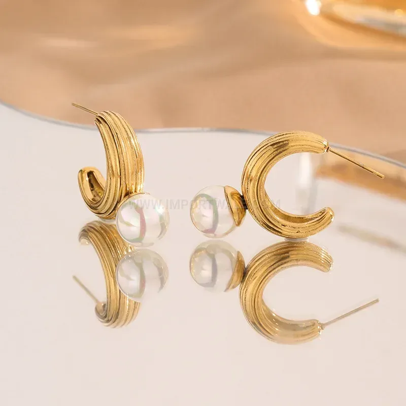 Fashion Vintage 18K Gold Plated Stainless Steel Pearl Textured Hoop Earrings
