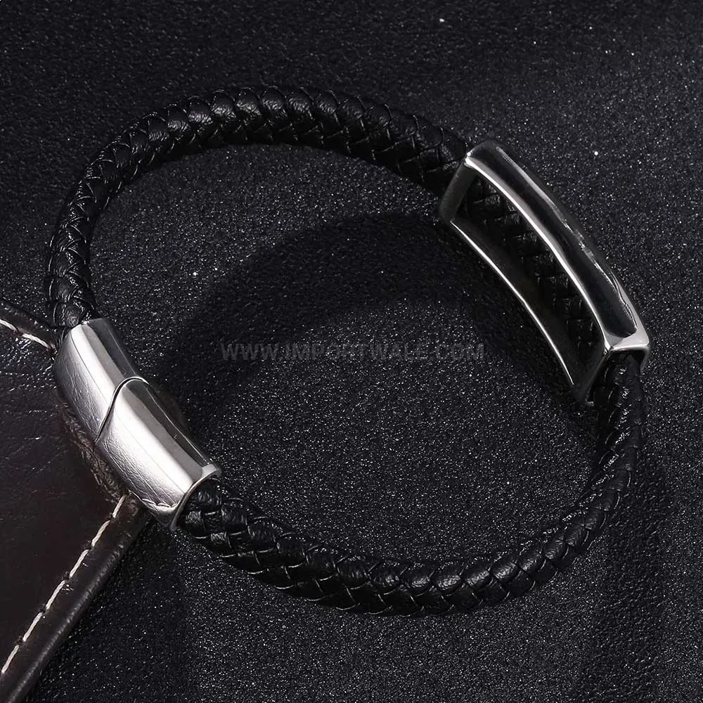 Braided Leather Wristband with Stainless Steel Magnetic Clasp