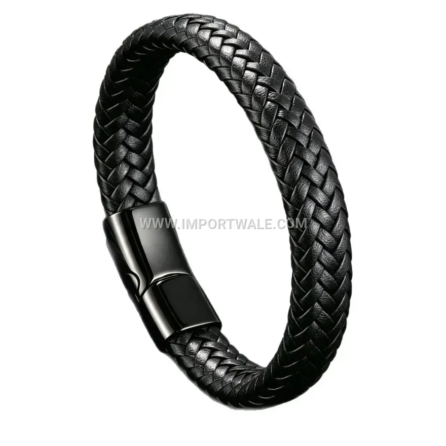Men's Two-Tone Braided Leather Bracelet with Stainless Steel Magnetic Clasp