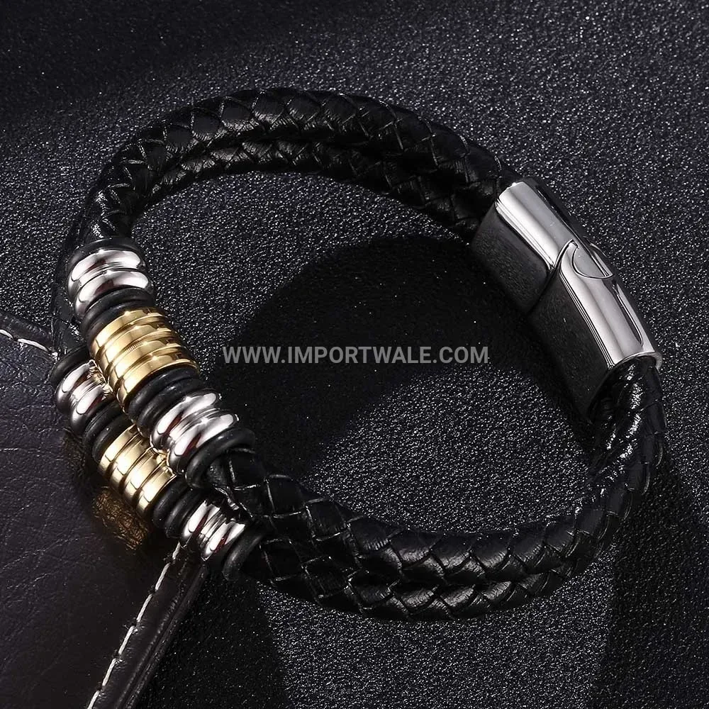 Handcrafted Double Layer Woven Leather Stainless Steel Men Bracelet