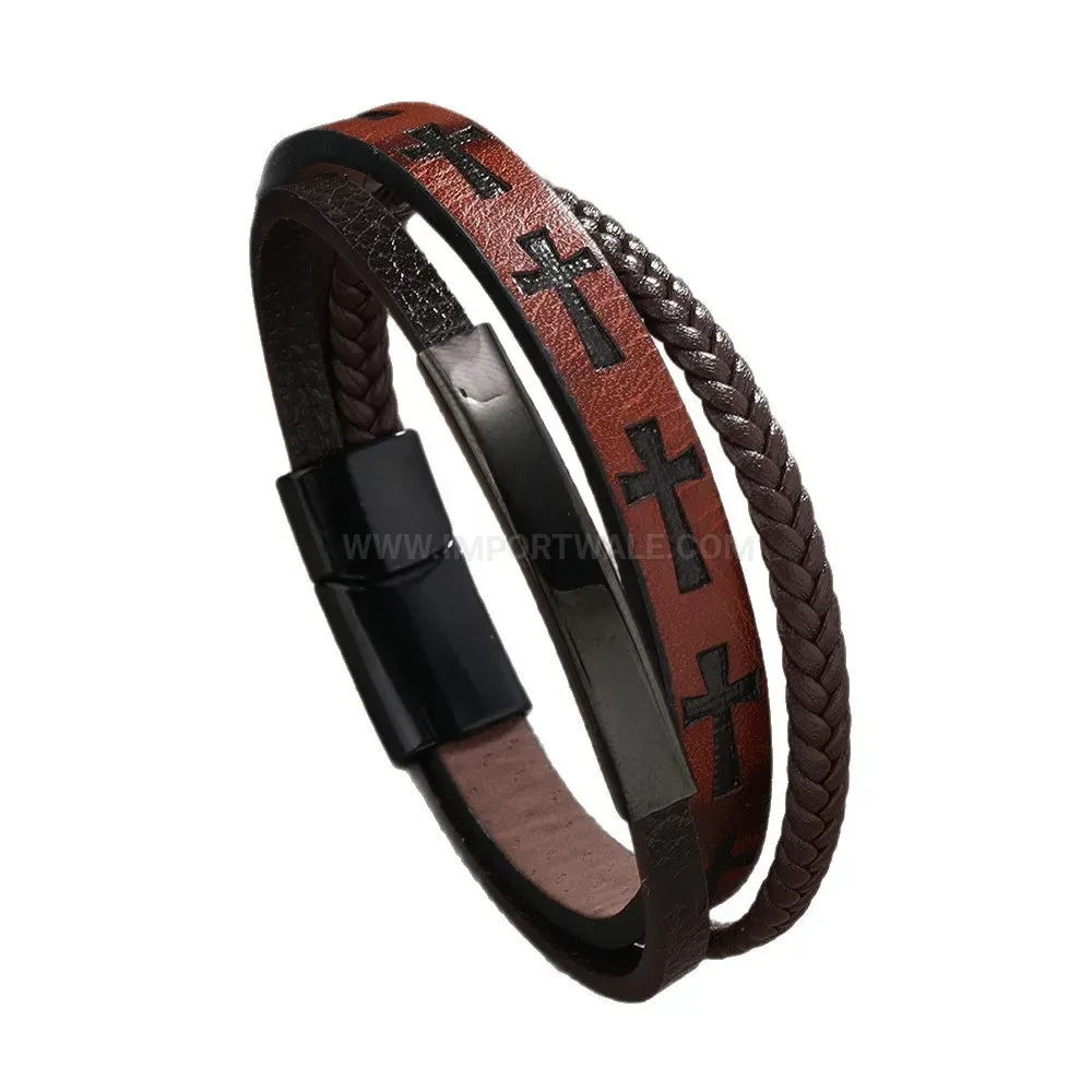 Fashion Retro Textured Double Strand Braided Leather Wristband For Men