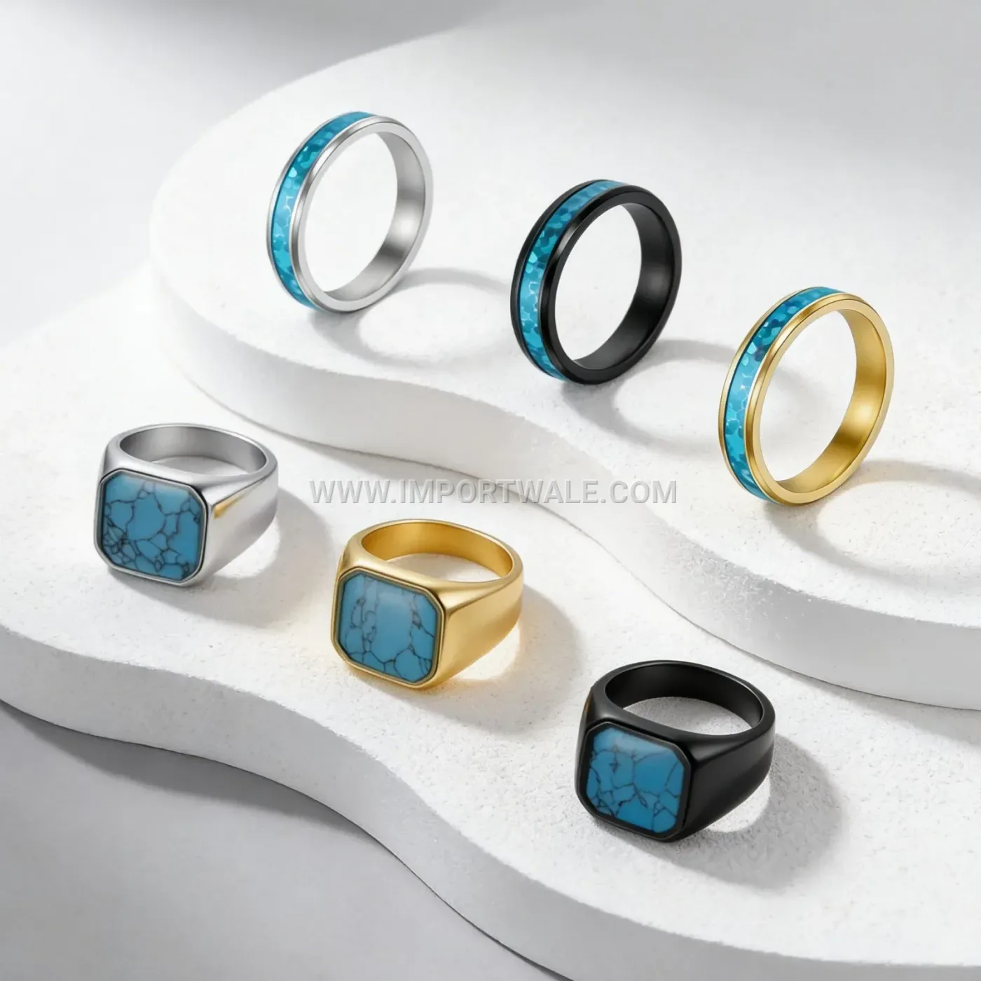 Geometric Turquoise and Opal Inlay 304 Stainless Steel Ring