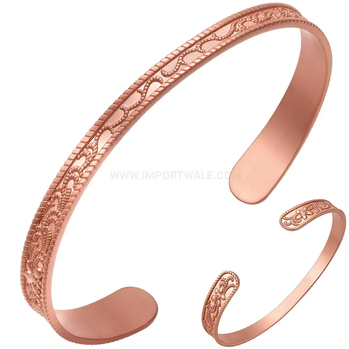 Vintage Floral Engraved Copper Adjustable Open Cuff Bracelet
