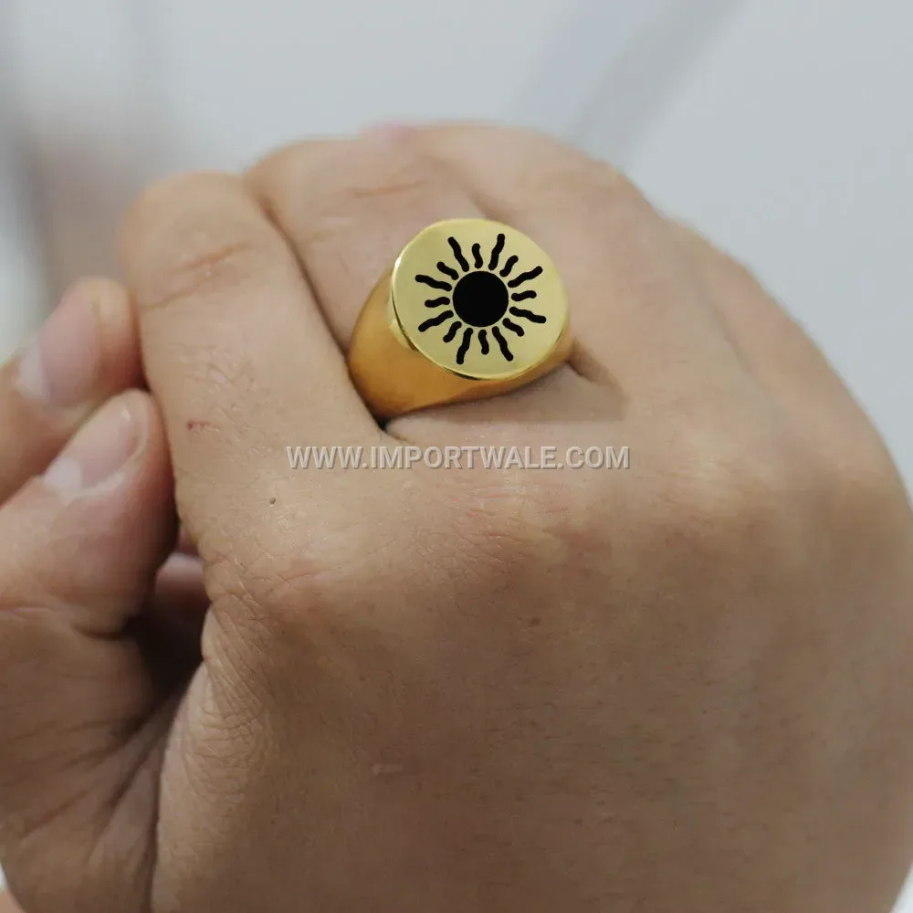 Engraved Burning Sun Stainless Steel Round Signet Ring
