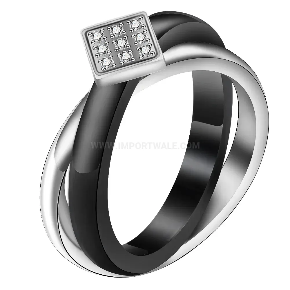 Crossed Black Ceramic and Stainless Steel Zircon Ring