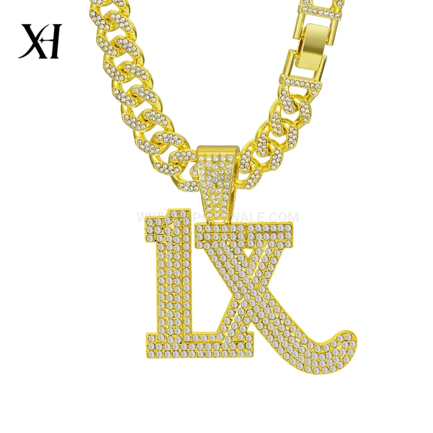 Elegant Full Rhinestone Letter Pendant Zinc Alloy Cuban Chain Necklace