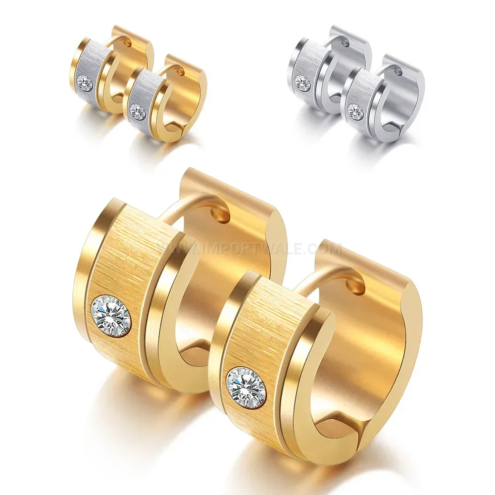 Modern Brushed Stainless Steel Zirconia Huggie Hoop Earrings