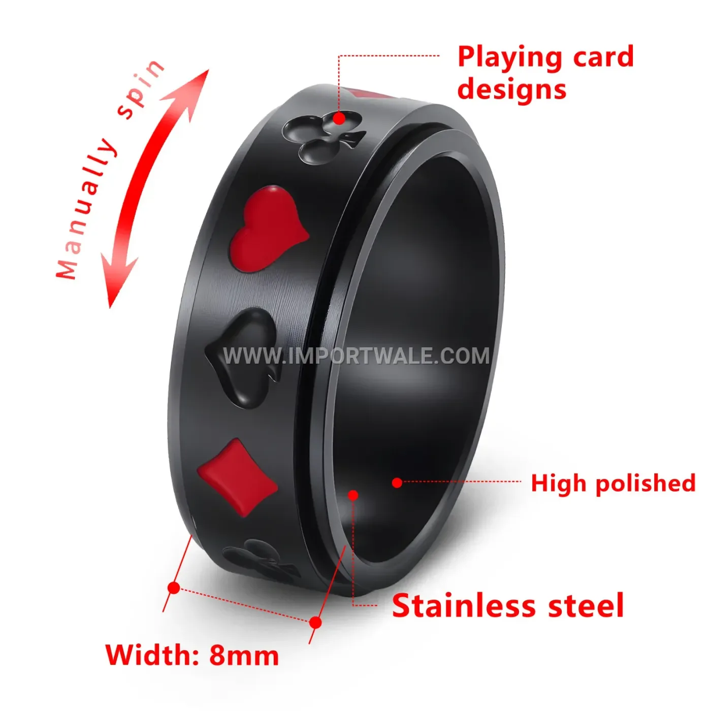 Spinning Playing Card Motif Stainless Steel Spinner Ring