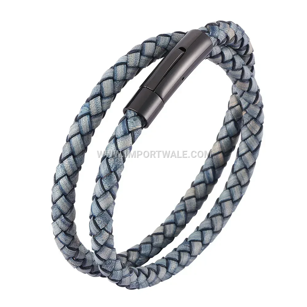 Double-Wrap Leather Wristband with Stainless Steel Clasp