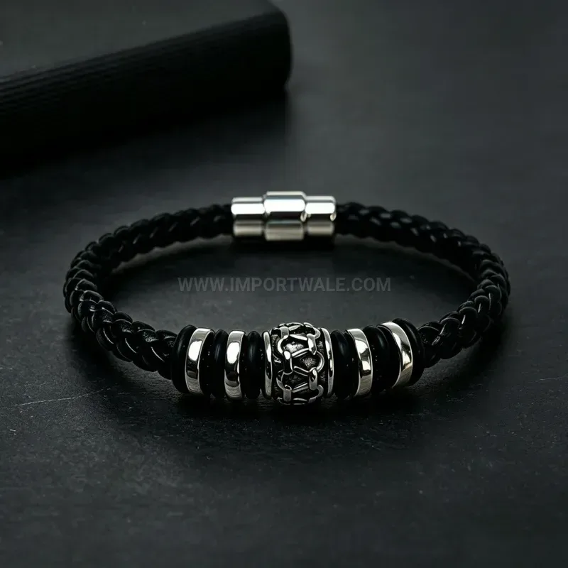 Elegant Men Braided Leather Bracelet with Viking Patterned Beads