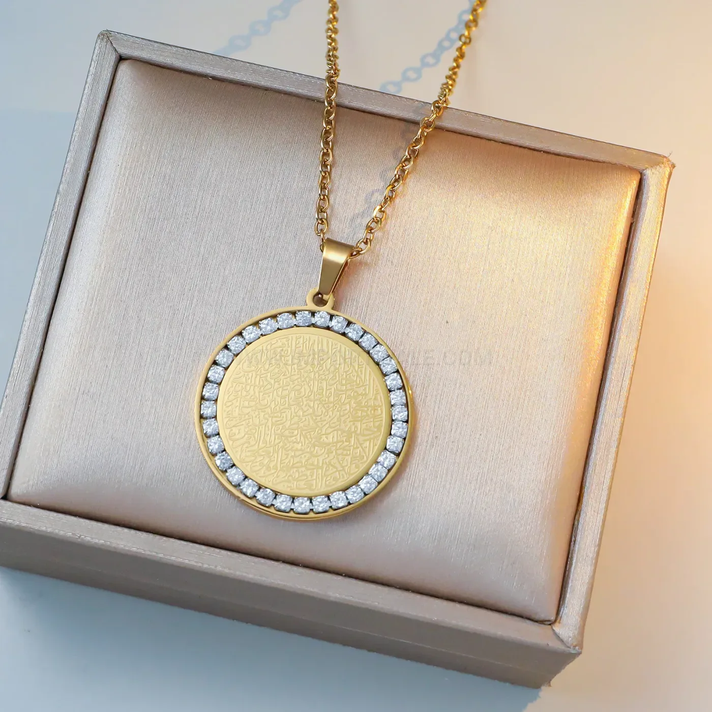 Bold Gold Plated Stainless Steel Zircon Ayatul Kursi Pendant Necklace