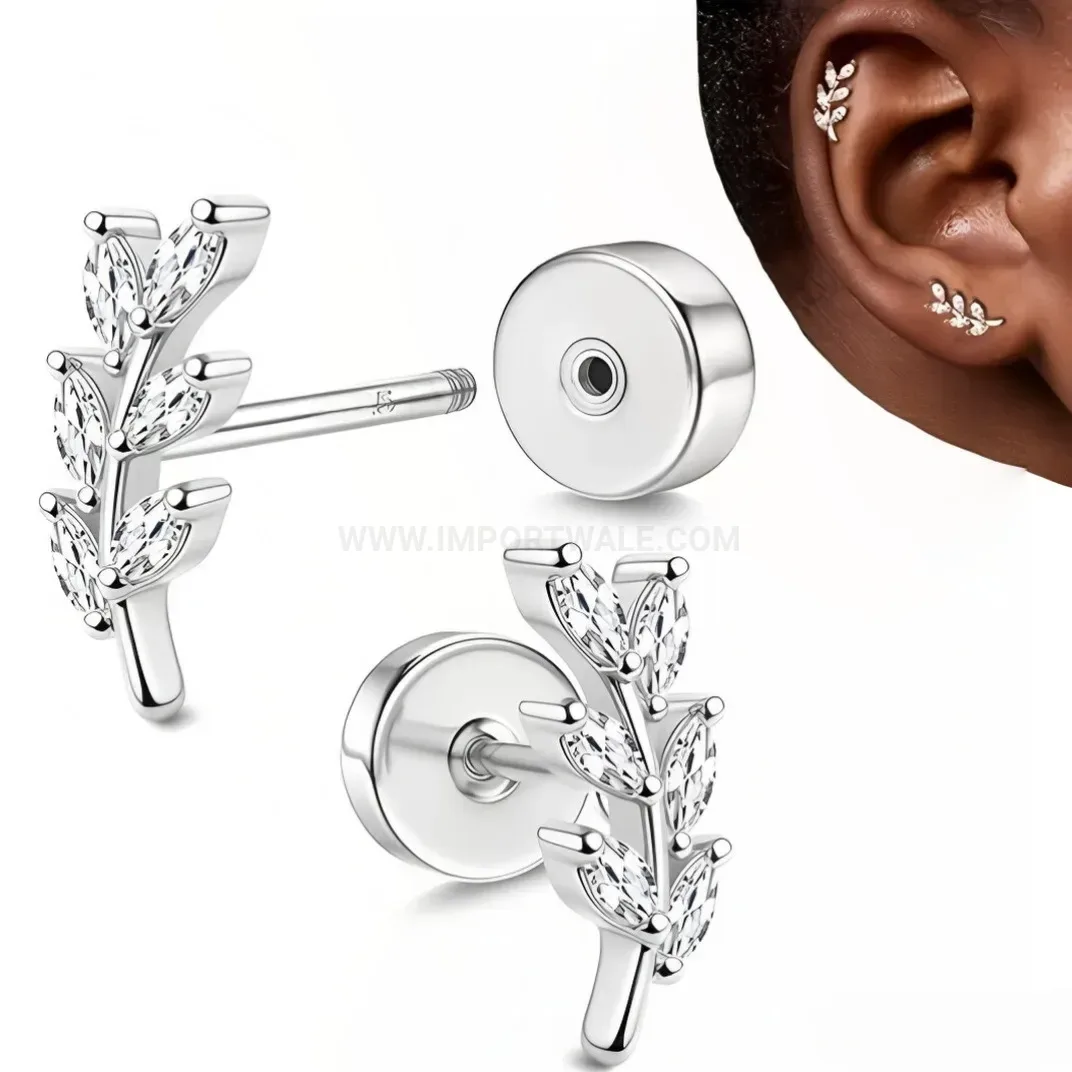 Modern Stainless Steel Leaf Zircon Piercing Cartilage Stud Earrings