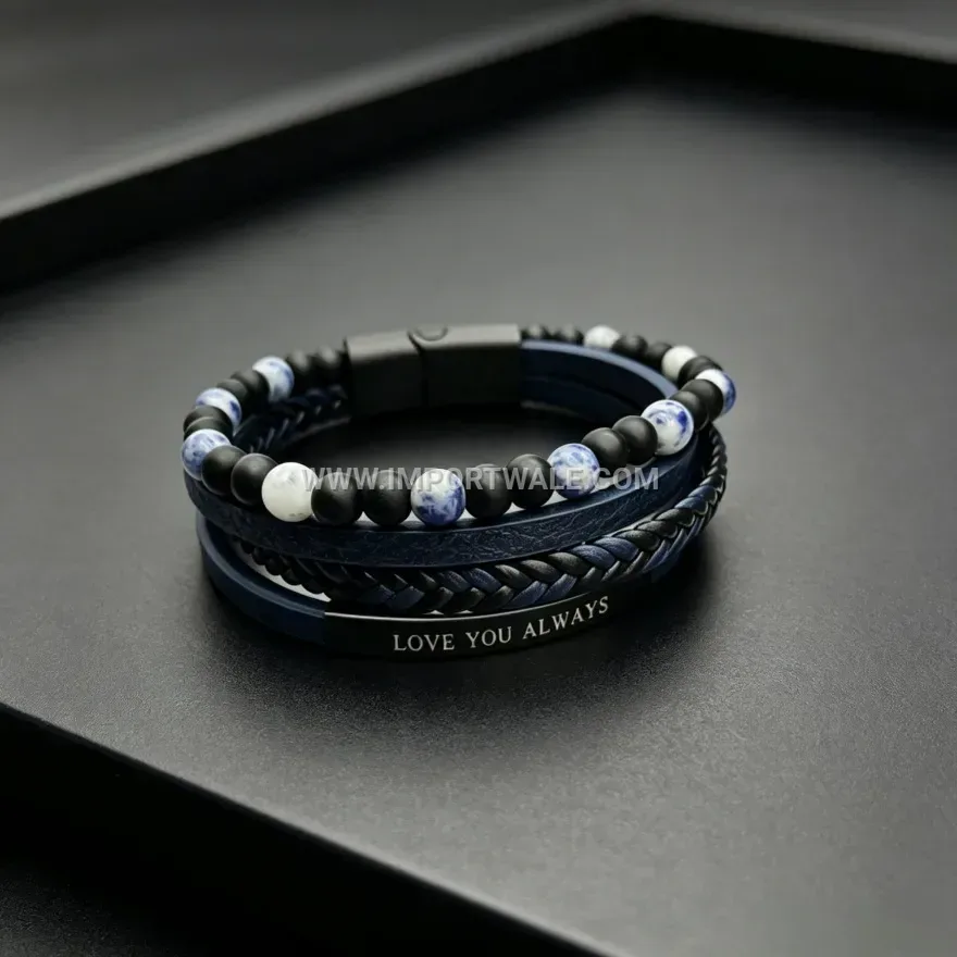 Multi-Strand Leather And Natural Stone Beads Wristband With Magnetic Clasp