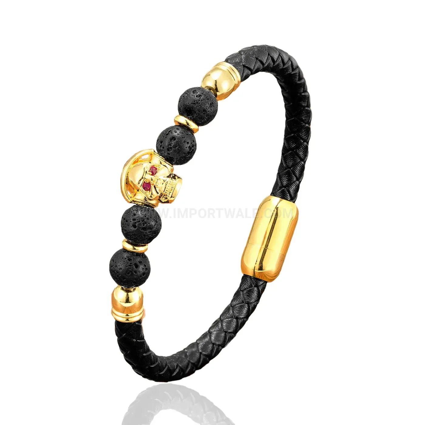 Punk Skull Stainless Steel Clasp Braided Leather Stone Bracelet