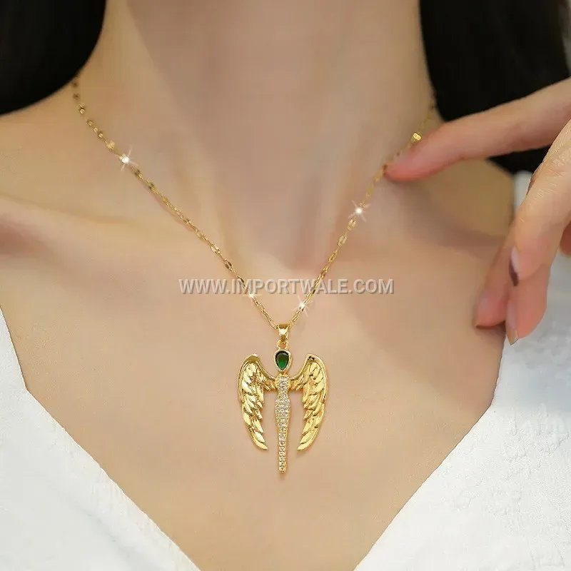 18K Gold Plated Stainless Steel Angel Wing Zircon Pendant Necklace
