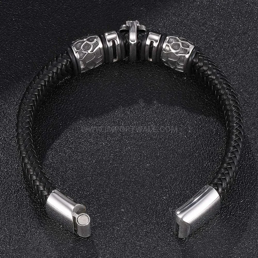 Fashion Punk Skull Ace of Hearts Stainless Steel Leather Charm Bracelet