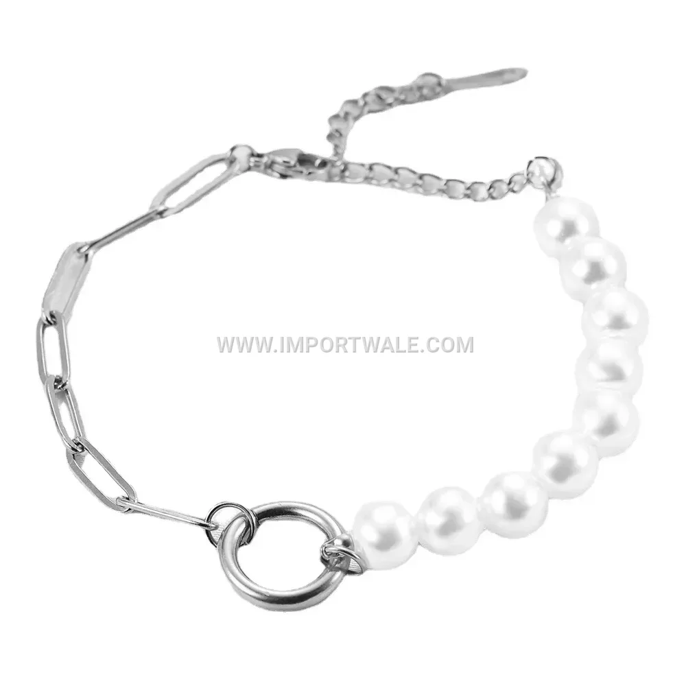 Faux Pearl Safety Pin Chain Stainless Steel Bracelet