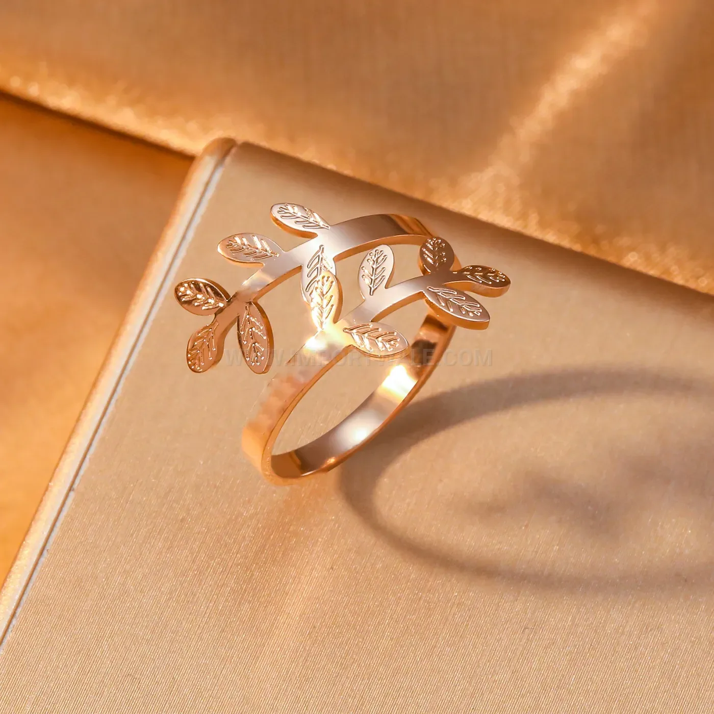 Elegant Minimalist Gold Plated Stainless Steel Leaf Branch Open Band Ring