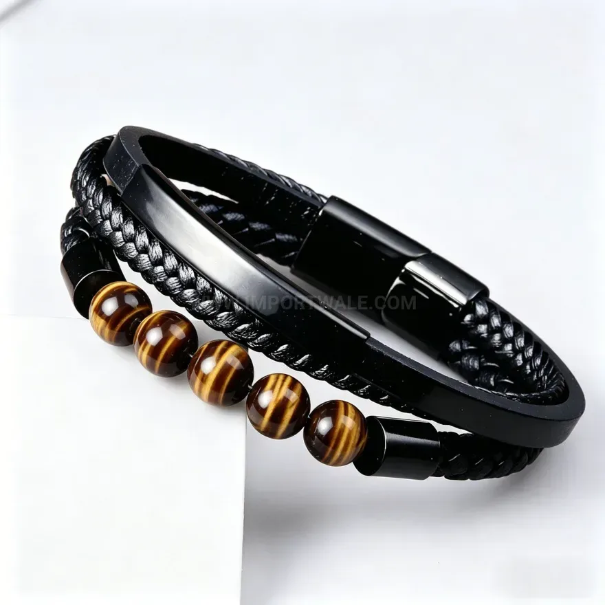 Chic Multi Layer Leather Natural Stone Bead Bracelet With Stainless Steel Accent