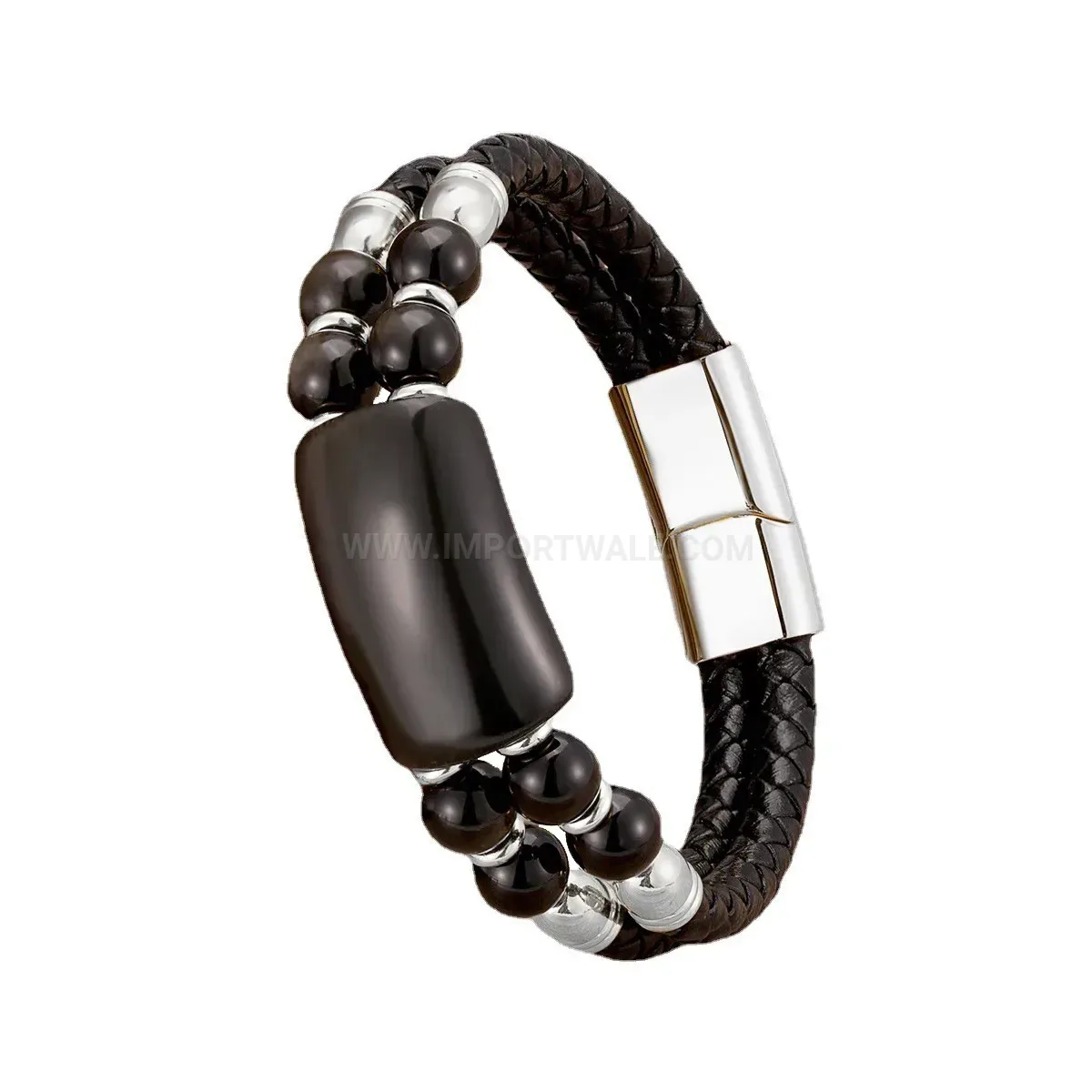 Double Strand Woven Leather Bracelet with Natural Stones