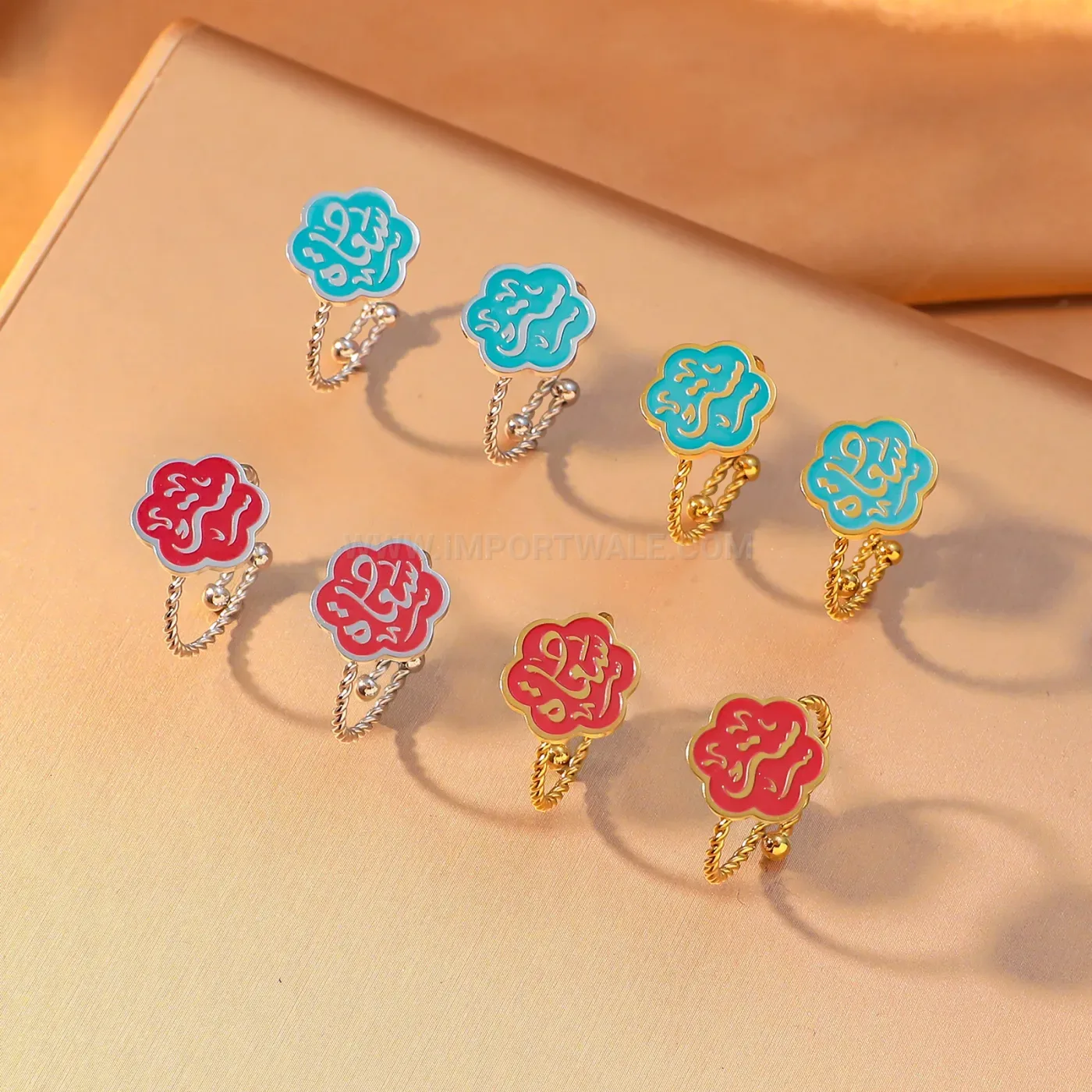 Trendy Stainless Steel Islamic Enamel Floral Arabic Calligraphy Open Ring