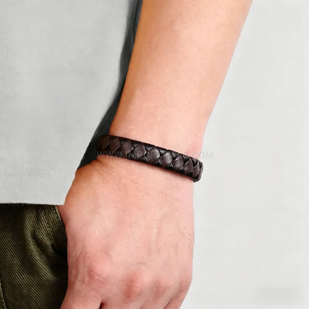 Stylish Braided Leather Cord Bracelet With Metallic Clasp