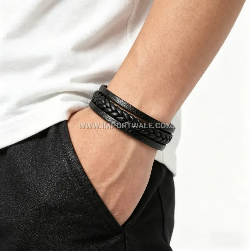 Triple Layer Braided Leather Matte Metal Clasp Wristband
