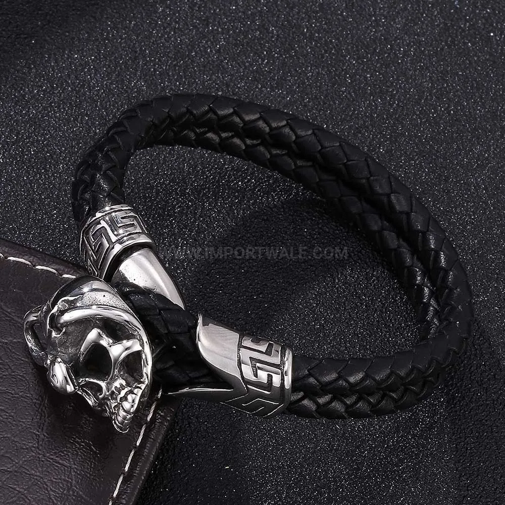 Men's Braided Leather Double Wrap Skeleton Bracelet in Stainless Steel