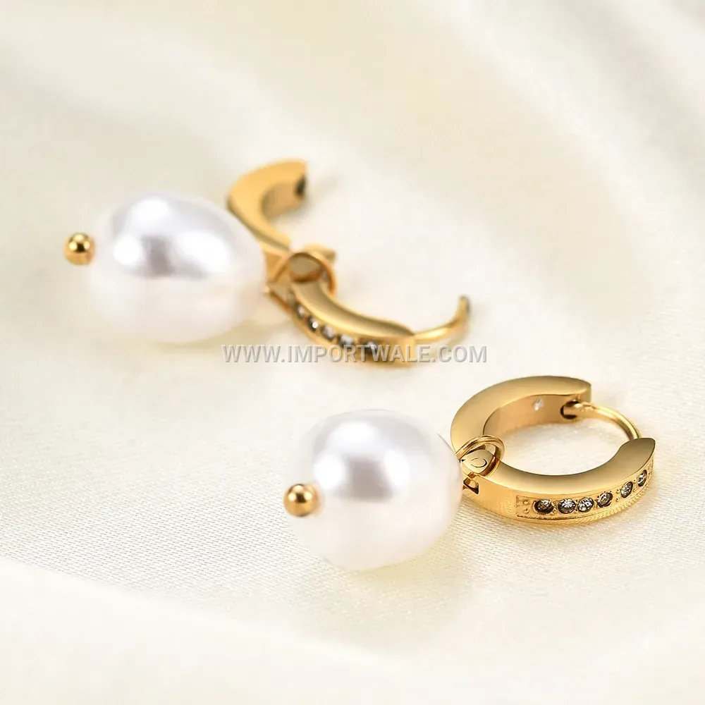 Stainless Steel Huggie Hoop Earrings with Faux Pearl Drop
