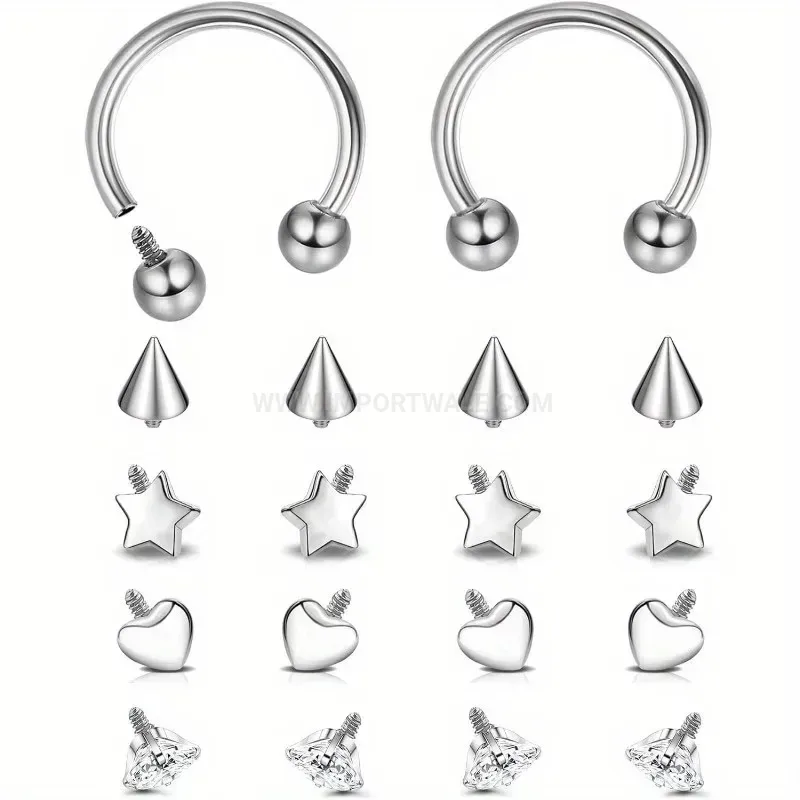 Bold Internally Threaded Horseshoe Stainless Steel Piercing Ring Set