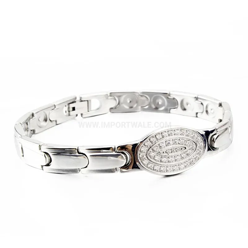 Designer Men Titanium Bio Magnetic Link Bracelet with Sparkling Rhinestones