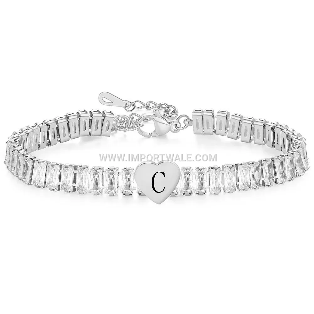 Stainless Steel Cubic Zirconia Engraved Initial Heart Bracelet