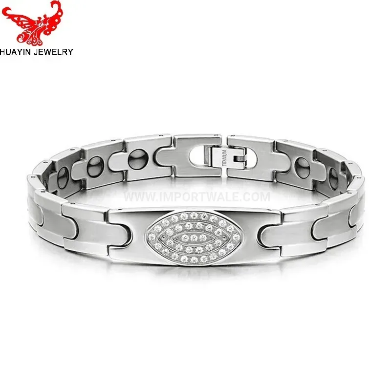 Designer Men Titanium Bio Magnetic Link Bracelet with Sparkling Rhinestones