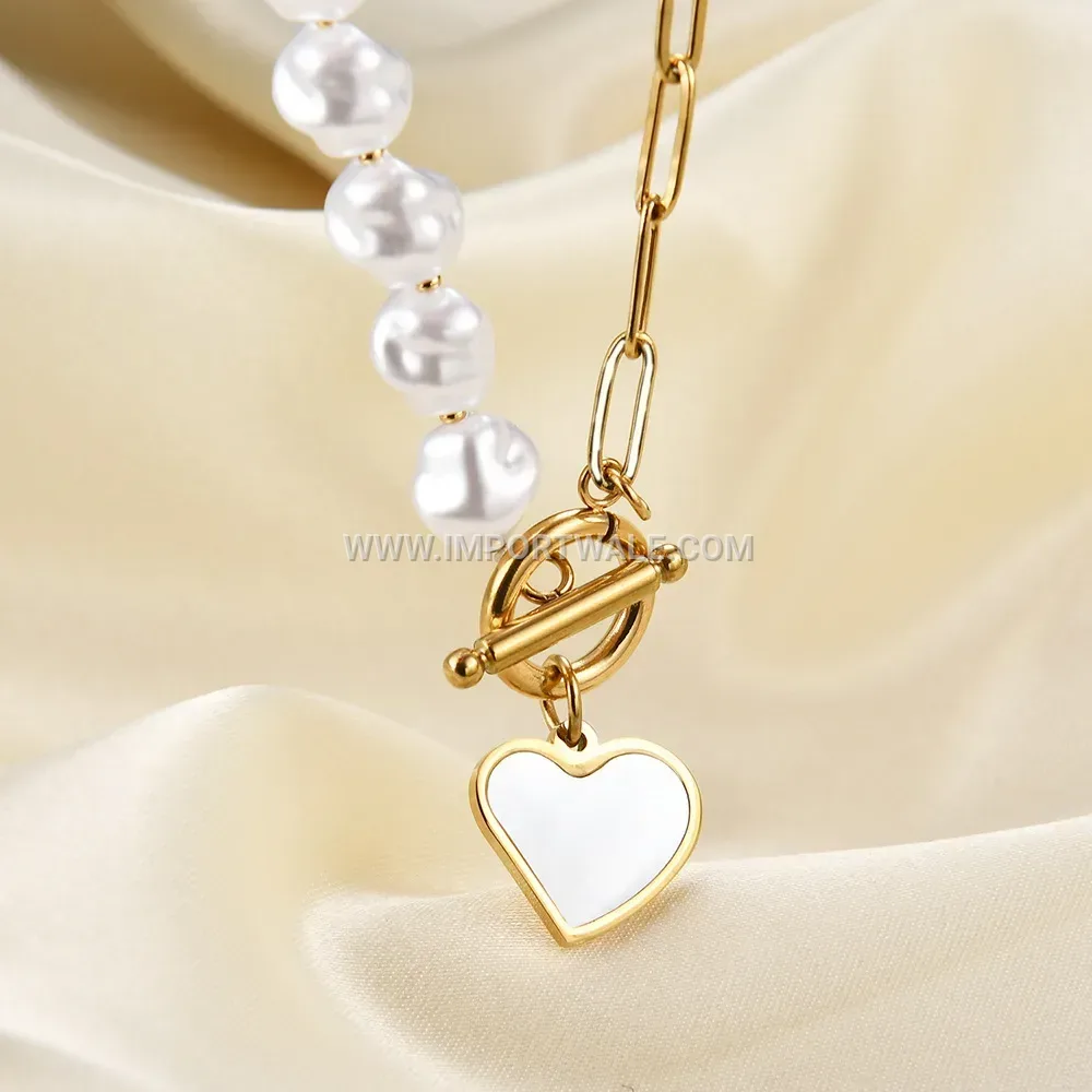 Stainless Steel Heart Shell and Pearl Spliced OT Buckle Necklace