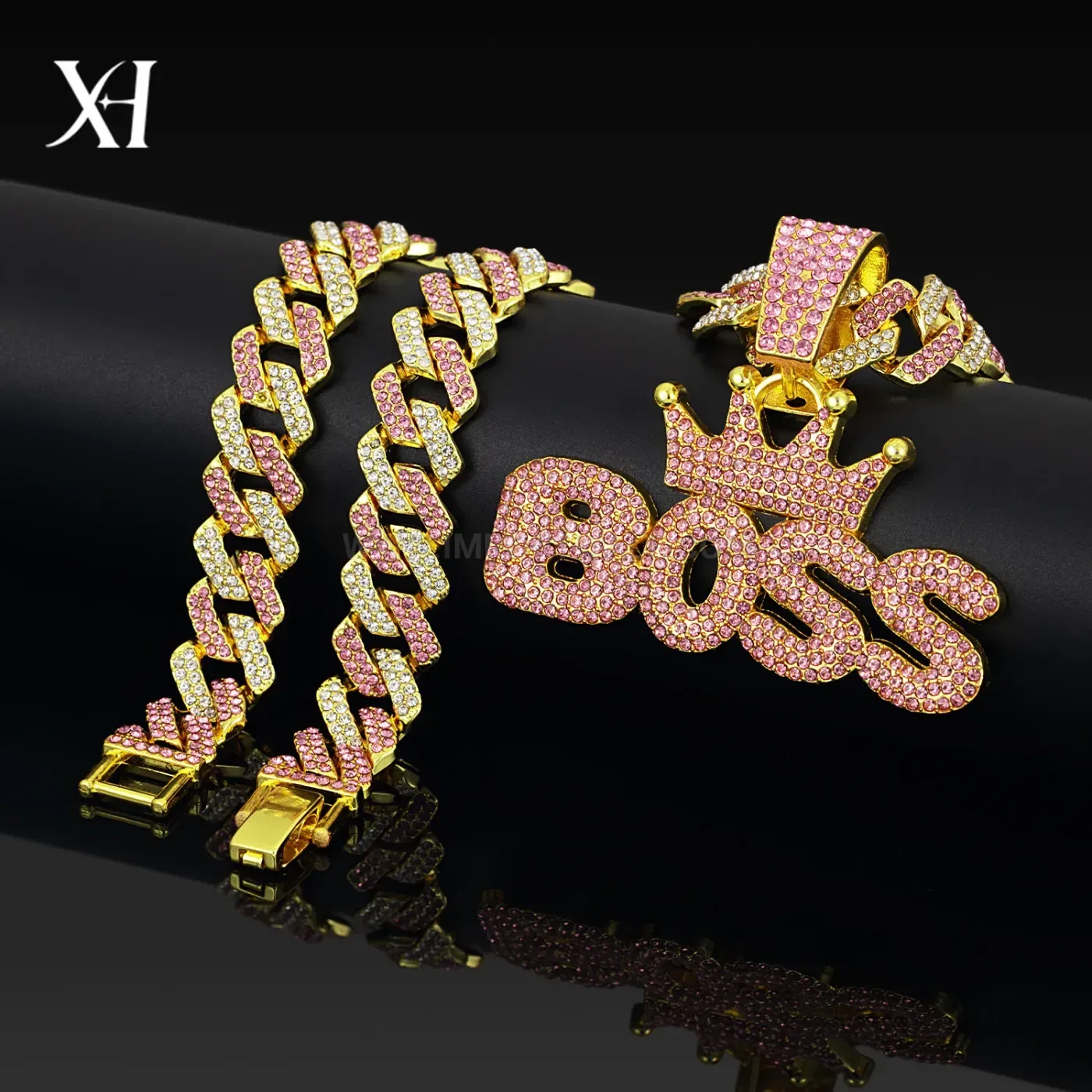 Designer Crowned BOSS Letter Pink Rhinestone Pendant Cuban Necklace