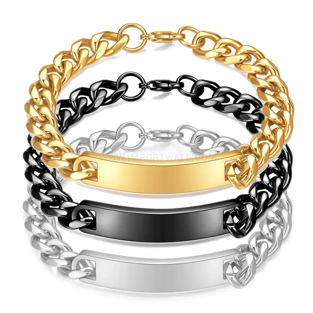 Engraved Long Bar Stainless Steel Cuban Chain Bracelet