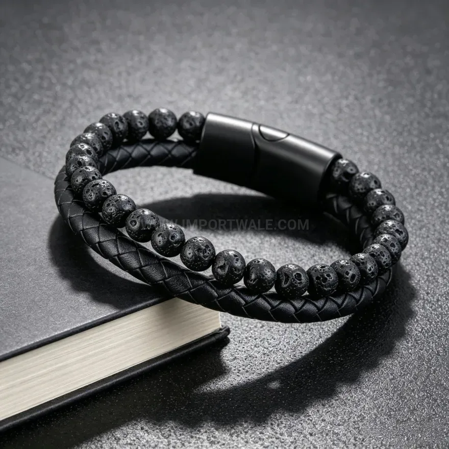 Chic Multi Strand Leather and Lava Stone Beaded Men's Bracelet