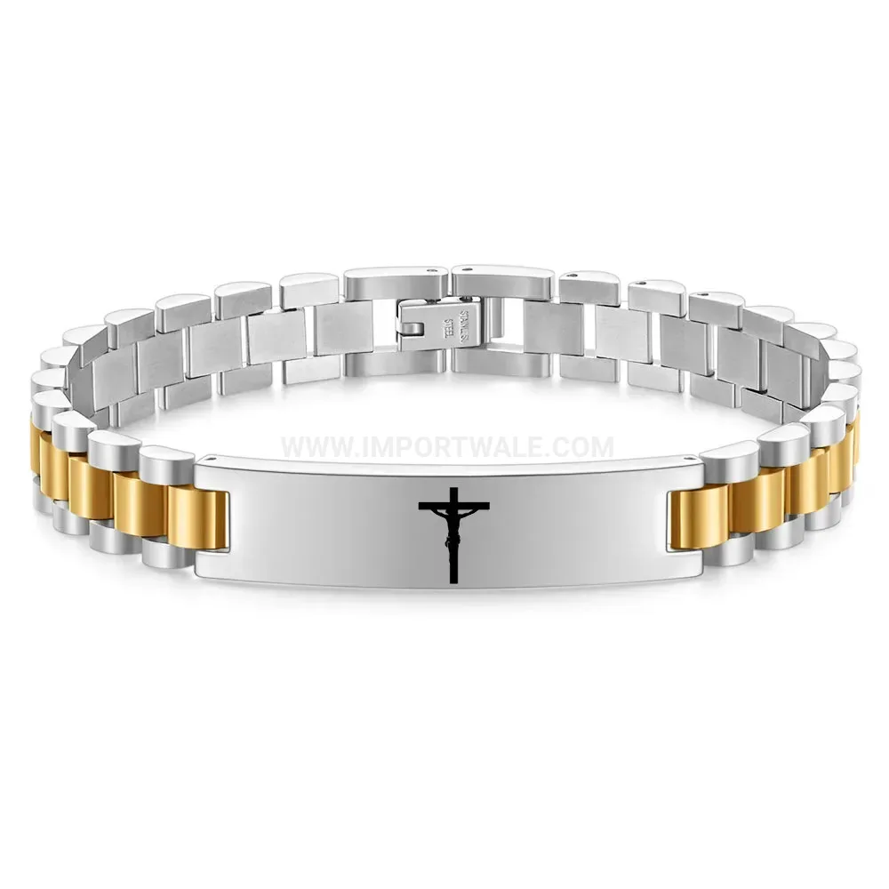 Men's Stainless Steel Cross Engraved Watch Strap Link Bracelet