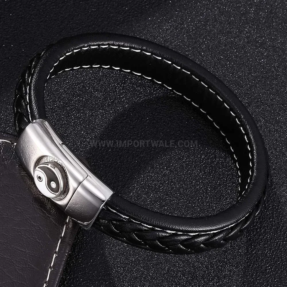 Woven Black Leather Cuff Bracelet with Stainless Steel Symbol Clasp