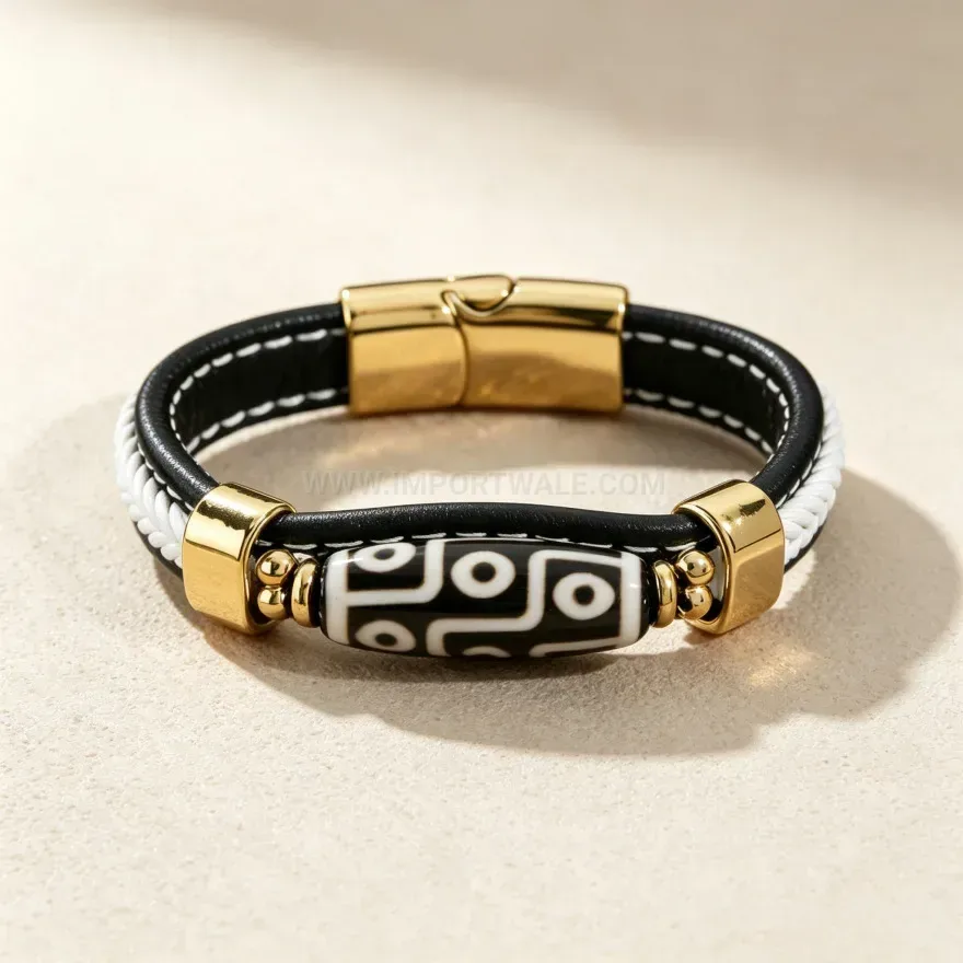 Classic Tibetan Dzi Bead Braided Leather Magnetic Steel Bracelet